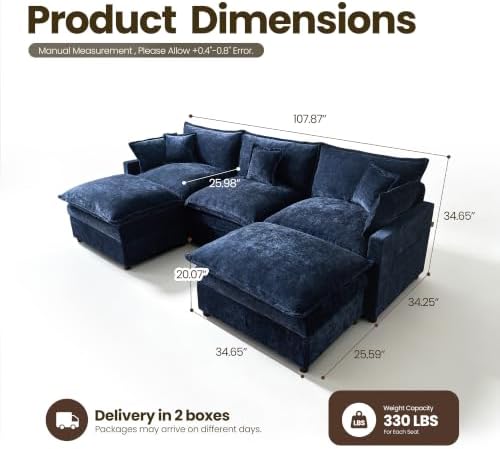 108'' U Shaped Cloud Couch, 3-Seater Sofa - Image 2