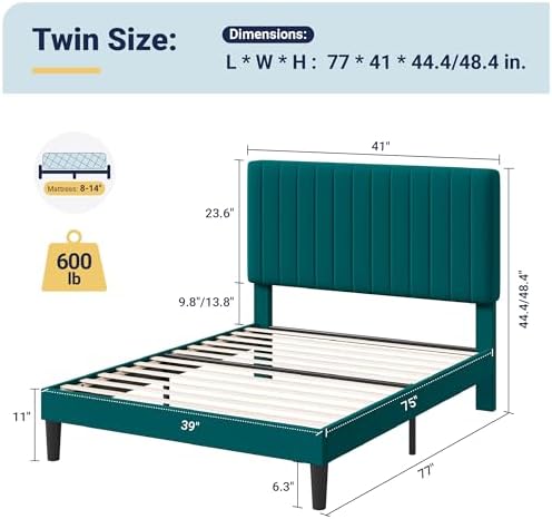 Allewie Twin Bed Frame, Velvet Upholstered Platform Bed - Image 2