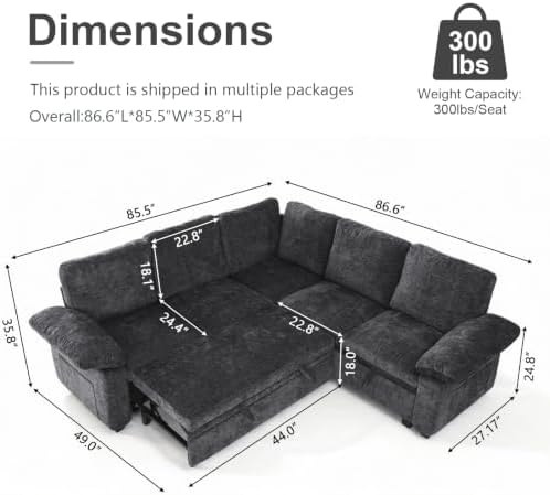 85'' Modular Sectional Sleeper Sofa, L Shape Pull Out Sofa Bed - Image 2