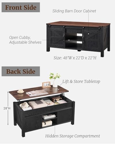 OKD 48" Farmhouse Lift Top Coffee Table, Sliding Barn Door - Image 2