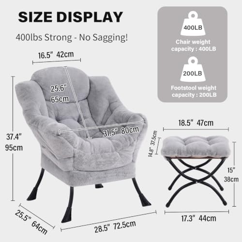 Tiita Lazy Chair with Ottoman, Comfy Reading Accent Chair, Plush Light Grey - Image 2