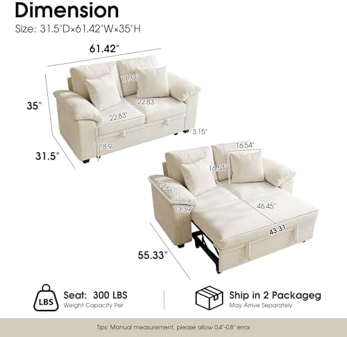 WorthFurni 61” Pull Out Couch, 2 in 1 Sleeper Sofa Bed - Image 2