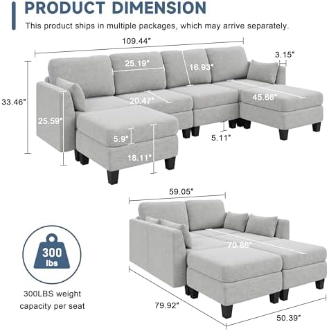 Modular Sectional Sofa, 6 Seat Modular Sleeper Sofa Couch, Light Grey - Image 3