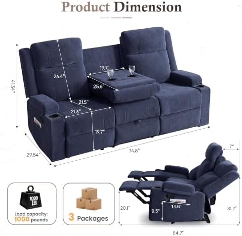 3 Seater Recliner Sofa with Console, RV Loveseat Reclining Couch with Drop Down - Image 2