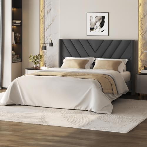 Yaheetech Queen Bed Frame with Chevron Channel-Tufted Headboard, Deep Gray by Yaheetech