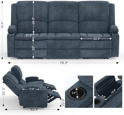 Yolsali 3 Seater Reclining Sofa, Reclining Couch Wall Hugger - Image 2