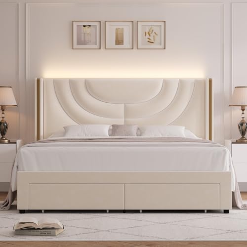 HITHOS King Upholstered Platform Bed Frame, LED Storage Headboard - Image 5