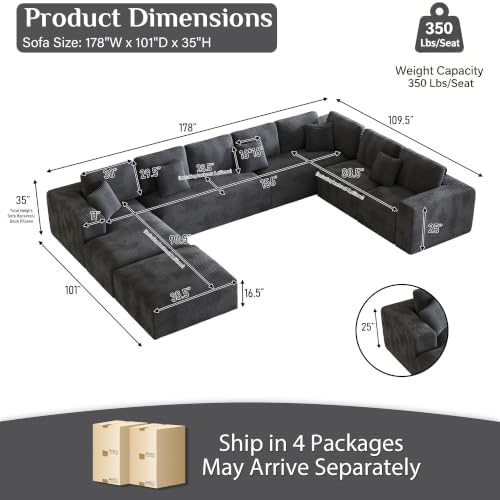 ONEMMLION 178" U-Shaped Boneless Cloud Modular Sectional Sofa, Dark Grey - Image 2