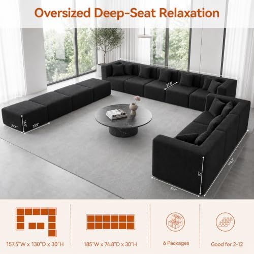 MONVANE 185" U-Shaped 12 Seat Modular Sectional Cloud Couch, Jet Black - Image 3