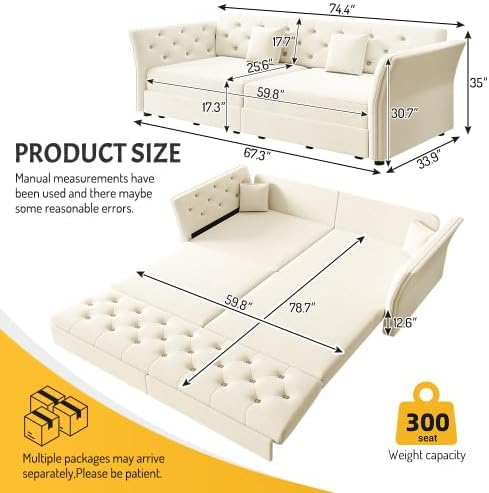 Sleeper Sofa Bed 74.4", Velvet Pull Out Couch, Flower Tufted Sofa - Image 2
