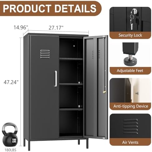 pozdeg 47.24" Black Lockable Small Metal Storage Locker - Image 3