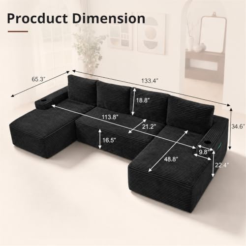 Skepphlay 133" U Shaped Couch, Boneless Sectional Couches - Image 2