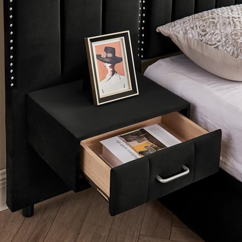 Queen Size Bed Frame with LED Lights and Nightstands, Modern Velvet Upholstered - Image 6