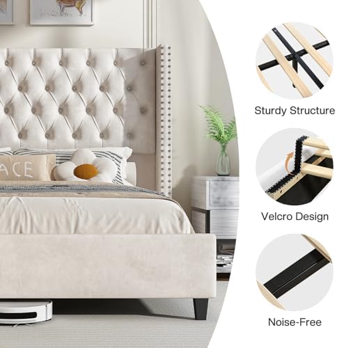 Jocisland King Size Bed Frame Velvet Upholstered Platform Bed - Image 5