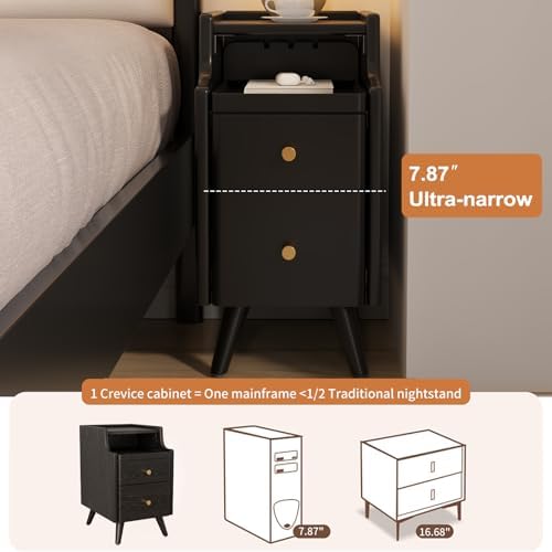 AQIMUELE Small Nightstand with Drawers, Solid Wood Bedside Table, Narrow Walnut - Image 4