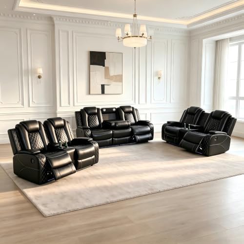 3-Piece Leather Power Recliner Sofa Set, Home Theater Seating by Unknown