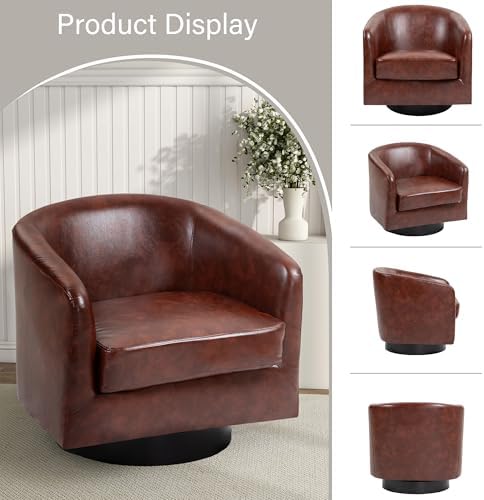 Pia Ricco Set of 2 Oversized Faux Leather 360° Swivel Barrel Accent Chair Red - Image 4