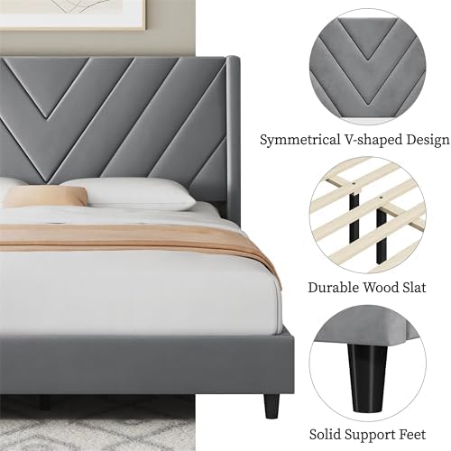Yaheetech Queen Bed Frame with Chevron Channel-Tufted Headboard, Light Grey - Image 5