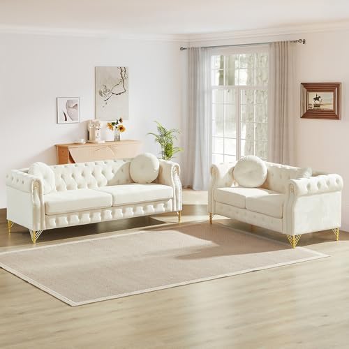 2 Pieces Mid Century Modern Chesterfield Sofa Set, Upholstered Button Tufted by JEEOHEY