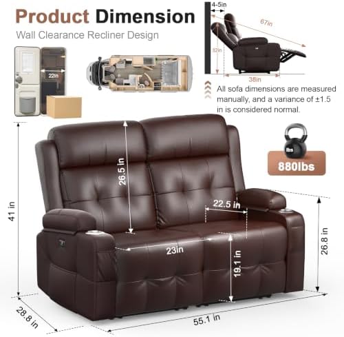 Reclining Loveseat Sofa, RV Loveseats Recliner Sofas Wall Hugger, Double - Image 2