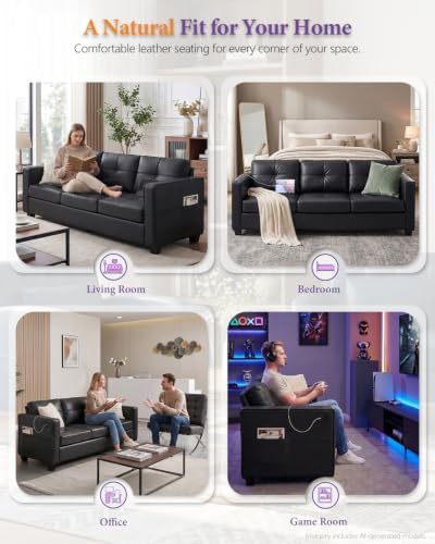 TYBOATLE 88'' Black Faux Leather Couch - Image 3
