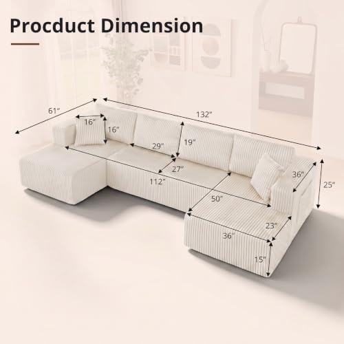 Skepphlay 132" U Shaped Couch, Boneless Sectional Couches - Image 2