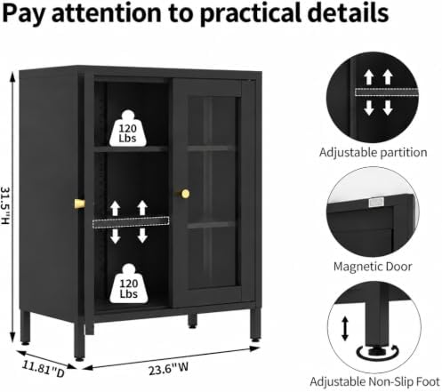 Black Metal Bathroom Glass Storage Cabinet, 2 Doors - Image 2