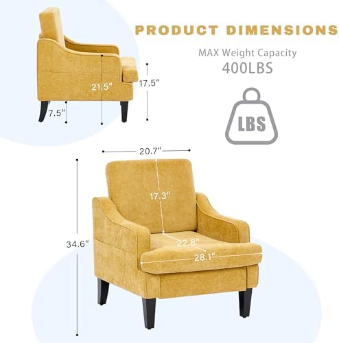 Accent Chair for Living Room, Mid-Century Arm Chair Chenille Fabric Living Room - Image 2