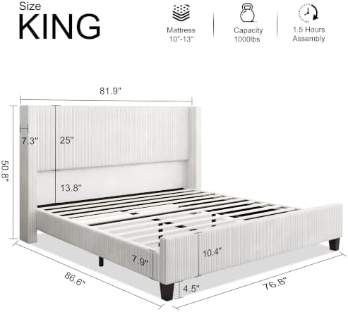 HOWE King Size Bed Frame with 50.8 Inch Corduroy Wingback Headboard - Image 2