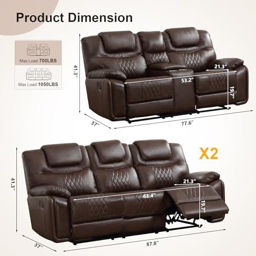 ANJ 3-Piece Manual Reclining Sofa Set, Premium Genuine Leather Reclining Sofas - Image 2