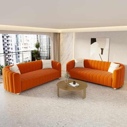 2-Piece Orange Velvet Tufted Sofa Set - Image 3