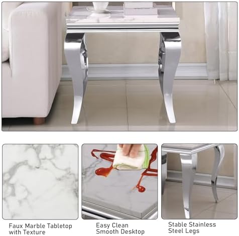 White Marble End Table Modern Silver Accent Table - Image 6