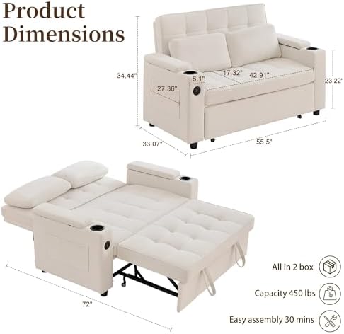 Korser 55.5'' 3-in-1 Convertible Sofa Bed, Pull Out Couch - Image 2