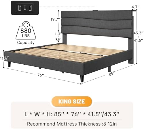 EnHomee King Size Bed with Upholstered Headboard & Charging Station - Image 2