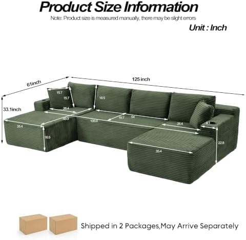 125" Modular Sectional Boneless Sofa Couch, Cloud U Shaped Couch Green - Image 2
