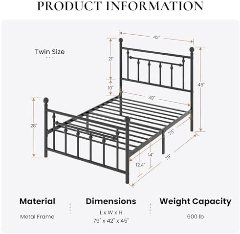 SHA CERLIN 14" Twin Size Metal Platform Bed Frame/Victorian Headboard and - Image 2