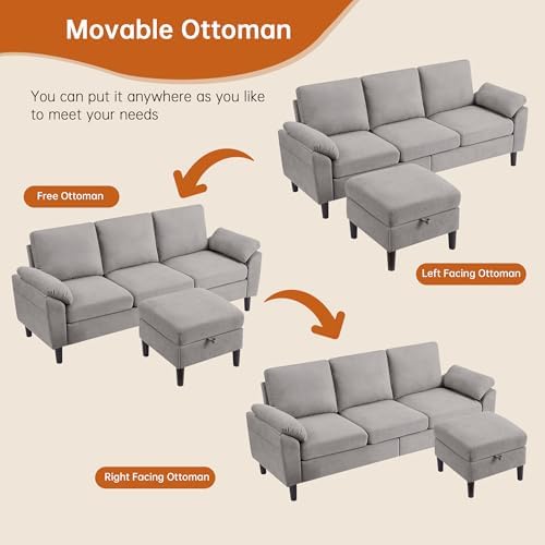 Convertible Sectional Sofa, Linen Upholstered 3 Seat Sofa - Image 6