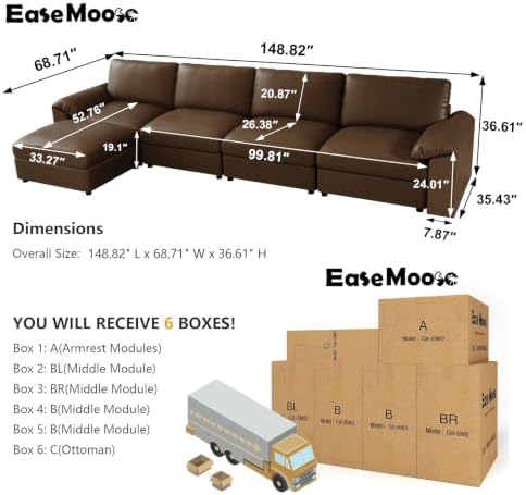 EASE MOOSE Faux Leather Sectional Couch, Deep Seat Modern Sofa, Deep Brown - Image 2