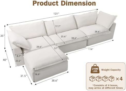 WEUP 130" Oversized Modular Sectional Sofa, L Shaped Boneless Couch - Image 3