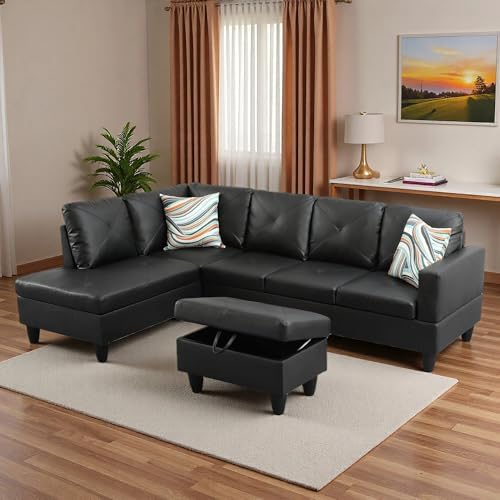 L-Shaped Sectional Sofa with Movable Chaise & Storage Ottoman, Leather 3-Piece - Image 7