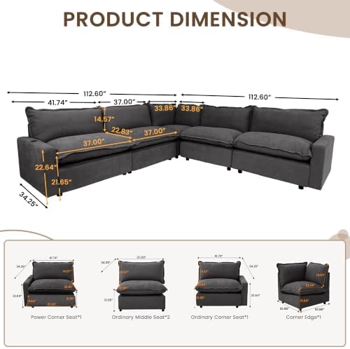 V-Shaped Power Recliner Cloud Couch Sectional, 5 Seater Modular Sectional Sofa - Image 2
