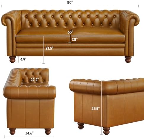 ONBRILL 80" Genuine Leather Sofa, Full-Grain Leather Chesterfield Sofa - Image 3