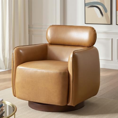HULALA HOME Genuine Leather Swivel Rocker Chair, Swivel Rocking Barrel Chair by HULALAHOME