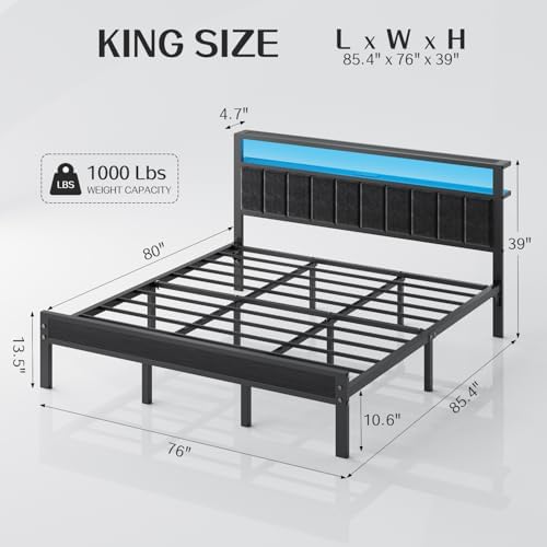OLEVS King Bed Frame with Charging Station & LED Lights Modern Platform Bed - Image 2