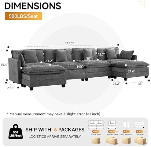147'' Sectional Cloud Deep Seat Couch, Oversized Chenille U Shaped Sectional - Image 2