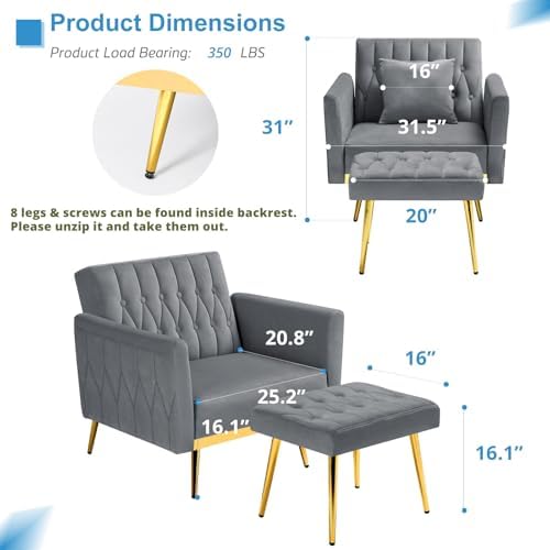 Velvet Accent Chair w/Ottoman & Adjustable Backrest - Image 3