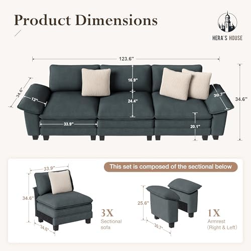 HERA'S HOUSE 124" Oversized Modular Sectional Straight Sofa, Chenille Blue - Image 2