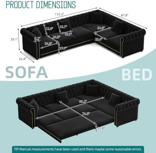 115.3" Velvet L-Shaped Pull-Out Chesterfield Sleeper Sofa Bed - Image 3