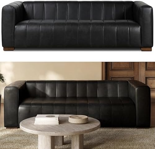 Poly & Bark Canale 86" Sofa – Onyx Black Italian Leather, Channel-Tufted by Unknown
