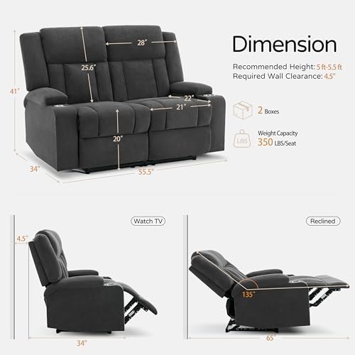 Recliner Loveseat Sofa with Cup Holders, 2-Seater Fabric Reclining Couch - Image 3